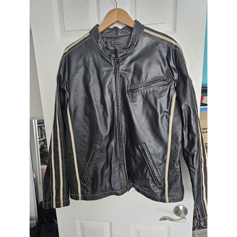 Vintage Wilsons Leather Black Tan Striped Motorcycle Jacket Mens Large